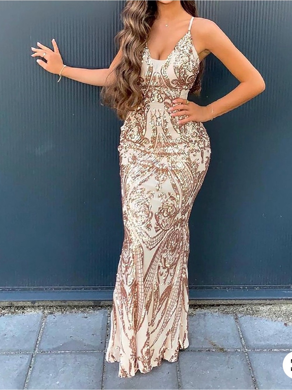 Fashion Nova Gold Sequin Cream Maxi Dress